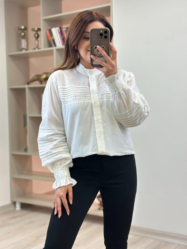 Kolu Lastik Detaylı Keten Gömlek EKRU-23YUST000196