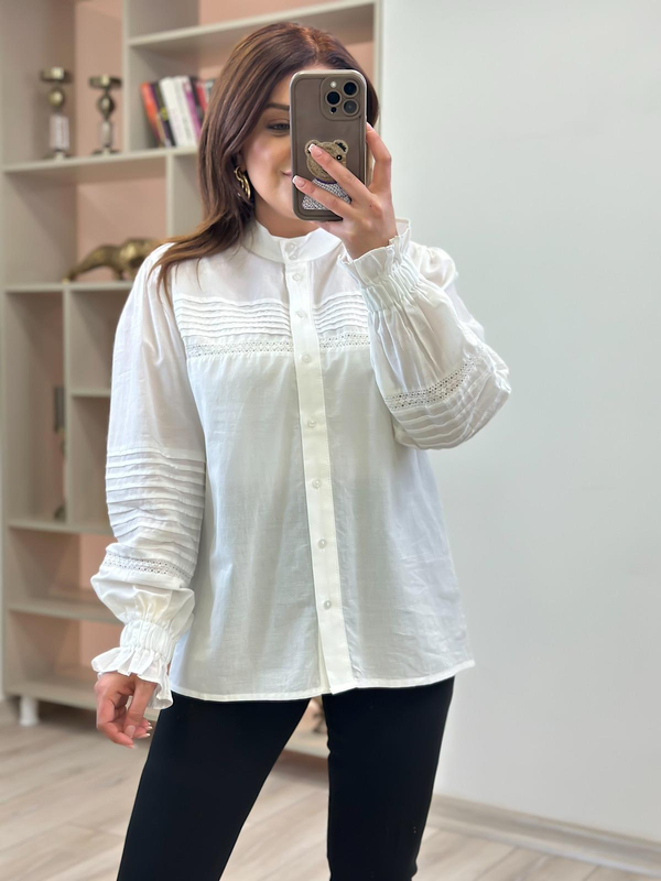 Kolu Lastik Detaylı Keten Gömlek EKRU-23YUST000196