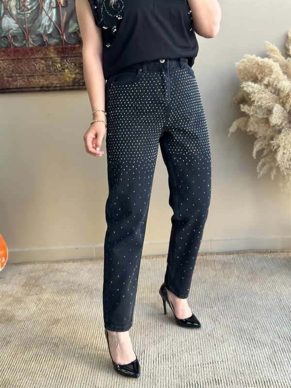 Komle Taş İşlemeli Kot Pantolon FÜME-23MeALT00029