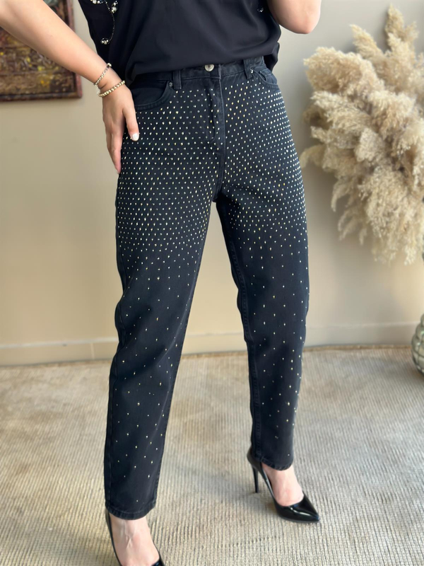 Komle Taş İşlemeli Kot Pantolon FÜME-23MeALT00029