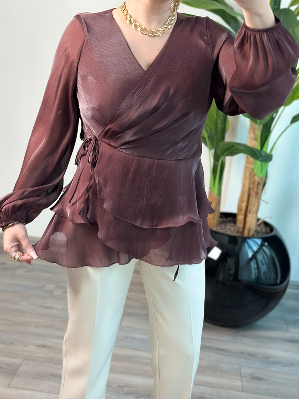Kruvaze 2 kat Volanlı Bağcıklı Bluz KAHVE-23SUST000002