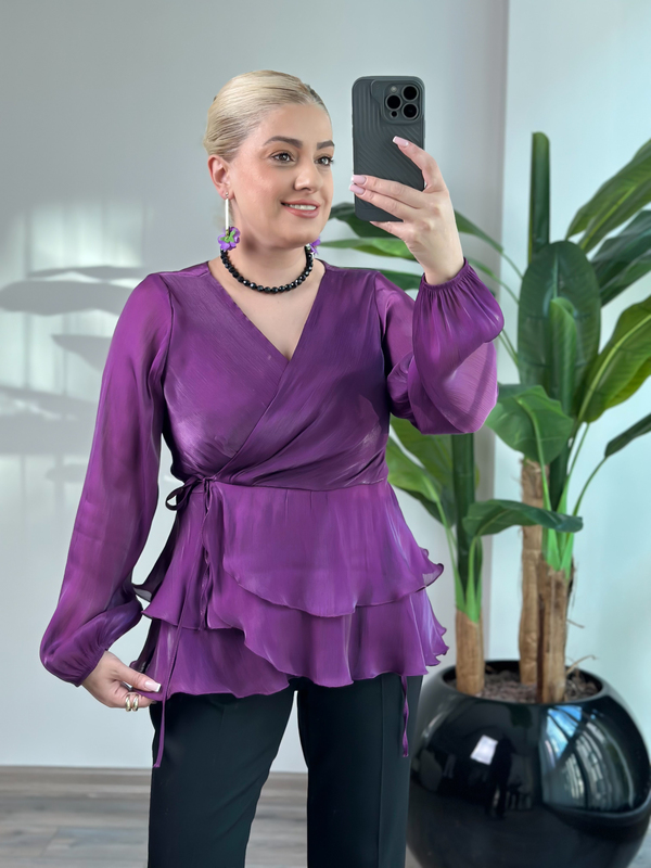 Kruvaze 2 kat Volanlı Bağcıklı Bluz MOR-23SUST000002