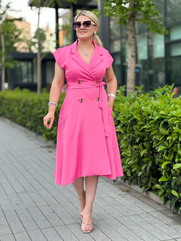 Kruvaze Yaka Düğme Detaylı Ceket Elbise PEMBE-23YELB000098