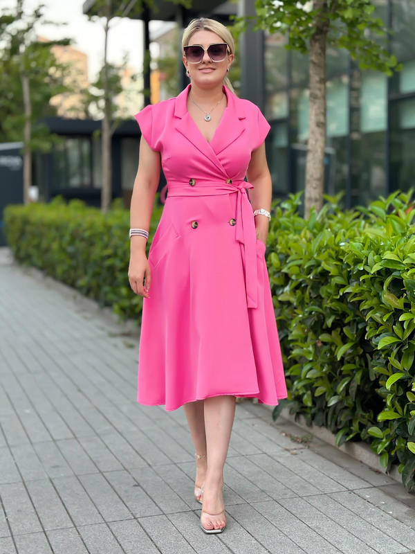 Kruvaze Yaka Düğme Detaylı Ceket Elbise PEMBE-23YELB000098