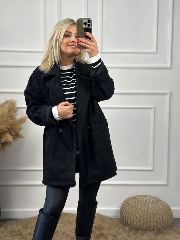 Kruvaze  Yaka Oversize Teddy Kaban SİYAH-23KDIS000021