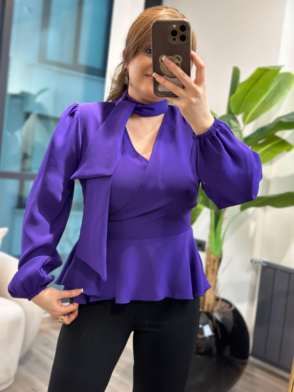 Kruvaze Yaka Yandan Düğmeli Saten Bluz MOR-23MeUST00132