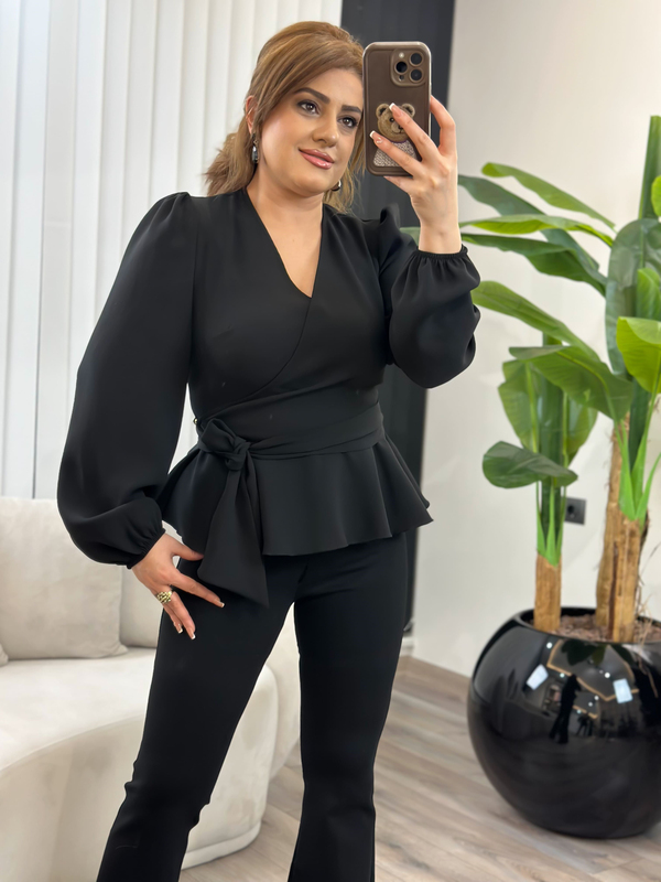 Kruvaze Yaka Yandan Düğmeli Saten Bluz SİYAH-23MeUST00132