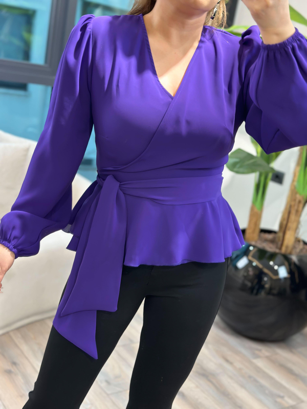 Kruvaze Yaka Yandan Düğmeli Saten Bluz MOR-23MeUST00132