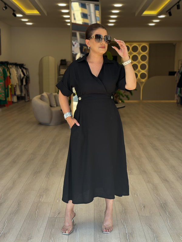 Kruvaze Yaka Yanları Düğme Detaylı Beli Lastikli Elbise SİYAH-23YELB000162