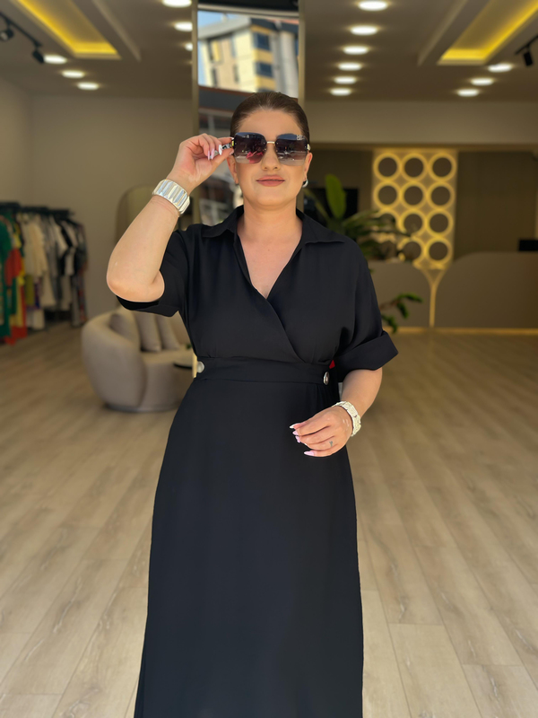 Kruvaze Yaka Yanları Düğme Detaylı Beli Lastikli Elbise SİYAH-23YELB000162