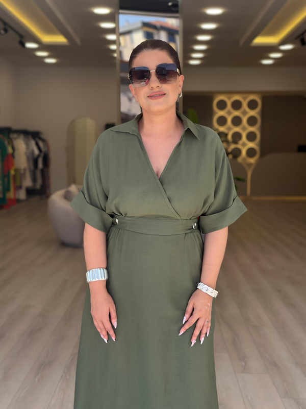 Kruvaze Yaka Yanları Düğme Detaylı Beli Lastikli Elbise HAKİ-23YELB000162