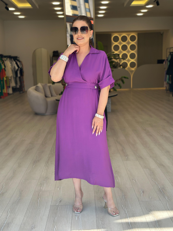 Kruvaze Yaka Yanları Düğme Detaylı Beli Lastikli Elbise MOR-23YELB000162