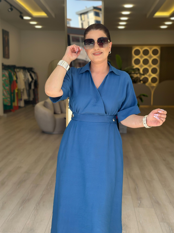 Kruvaze Yaka Yanları Düğme Detaylı Beli Lastikli Elbise MAVİ-23YELB000162