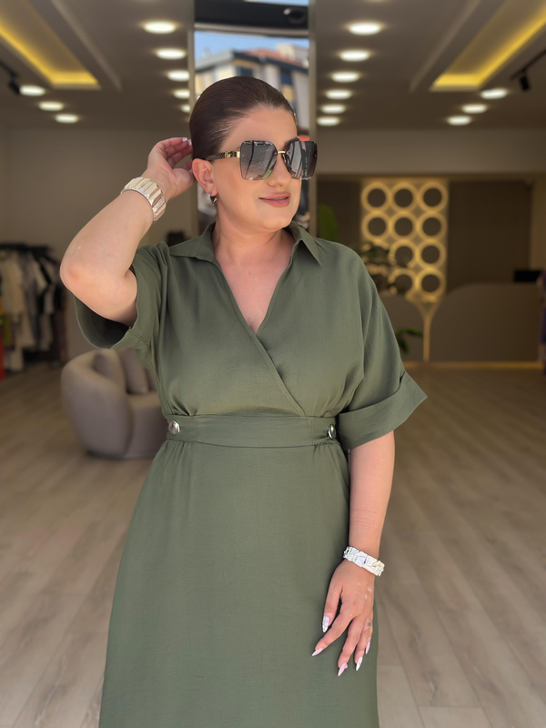 Kruvaze Yaka Yanları Düğme Detaylı Beli Lastikli Elbise HAKİ-23YELB000162