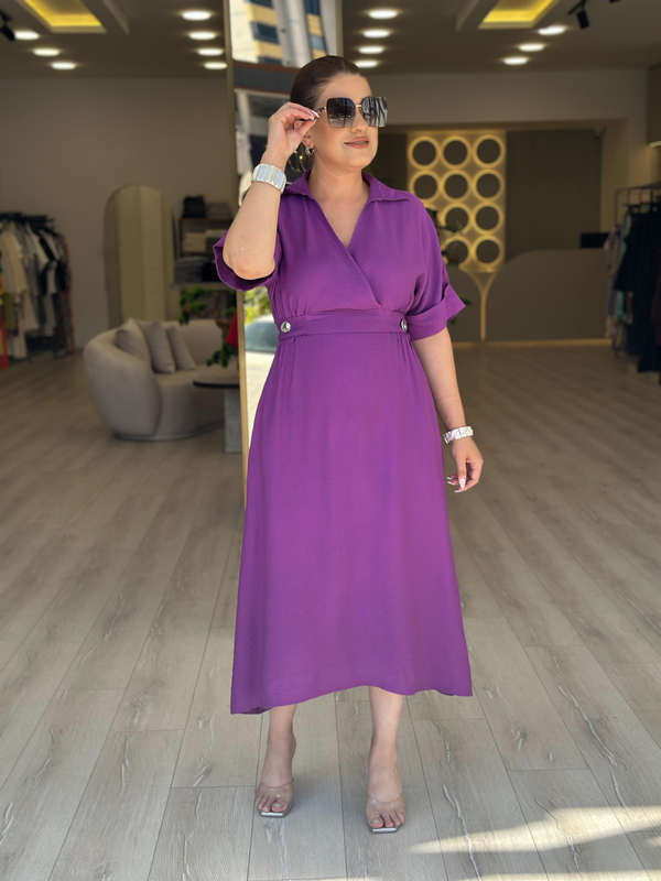 Kruvaze Yaka Yanları Düğme Detaylı Beli Lastikli Elbise MOR-23YELB000162