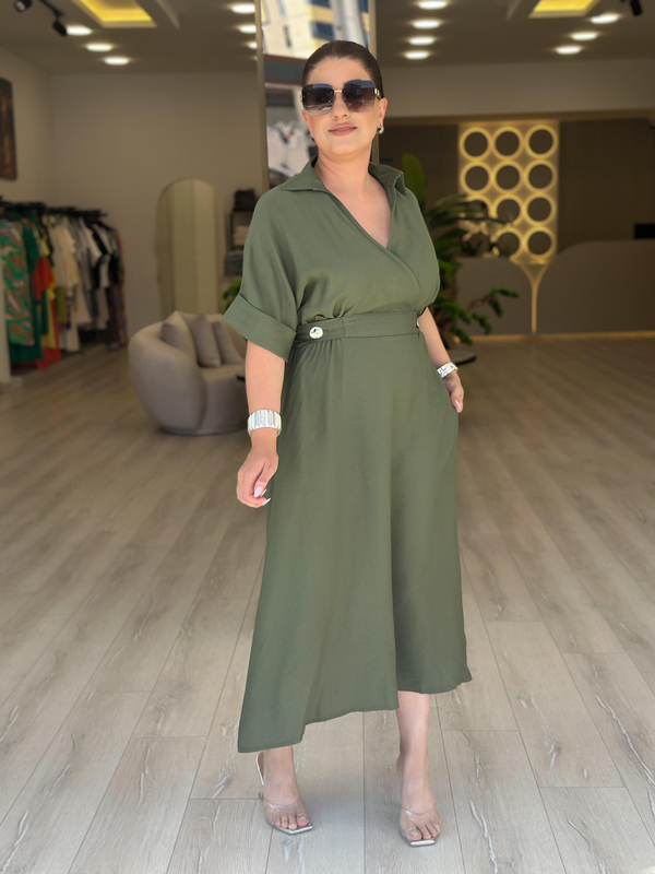 Kruvaze Yaka Yanları Düğme Detaylı Beli Lastikli Elbise HAKİ-23YELB000162