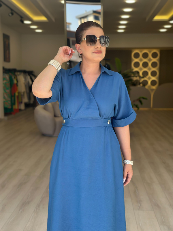 Kruvaze Yaka Yanları Düğme Detaylı Beli Lastikli Elbise MAVİ-23YELB000162