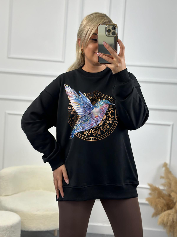 Kuş Baskılı Oversize Sweatshirt SİYAH-23YUST000145