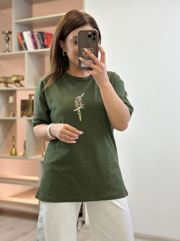 Kuş  Baskılı  Taşlı Tshirt HAKİ-23YUST000260