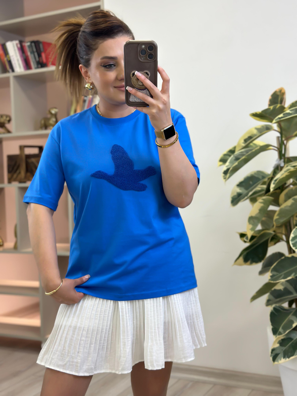 Kuş Kabartma Dokulu Tshirt MAVİ-23YUST000262