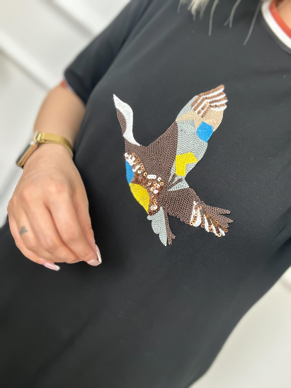 Kuş Nakışlı Elbise SİYAH-23YELB000046