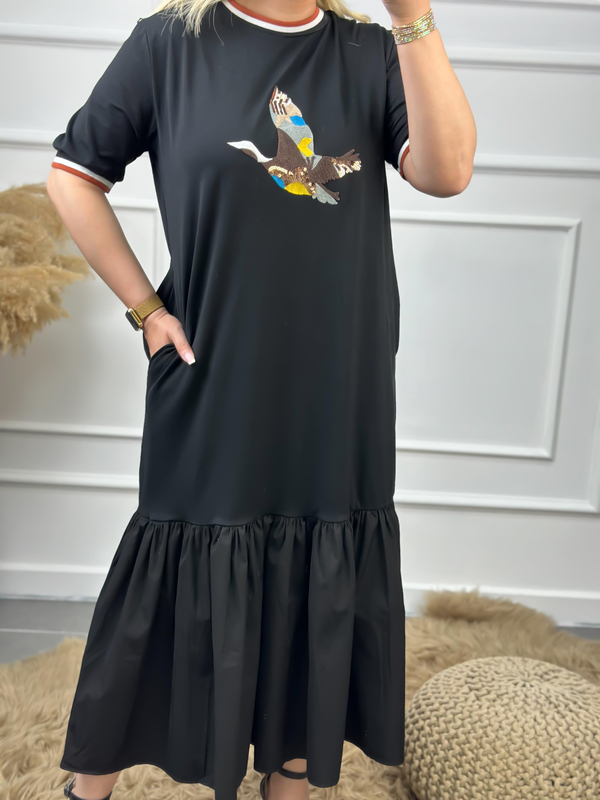 Kuş Nakışlı Elbise SİYAH-23YELB000046