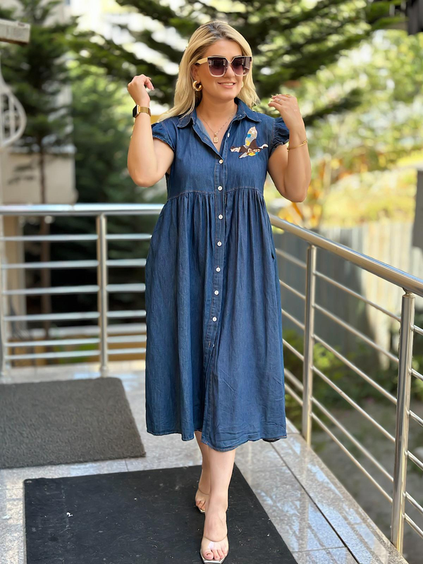 Kuş Nakışlı Kot Elbise KOYU MAVİ-23YELB000118