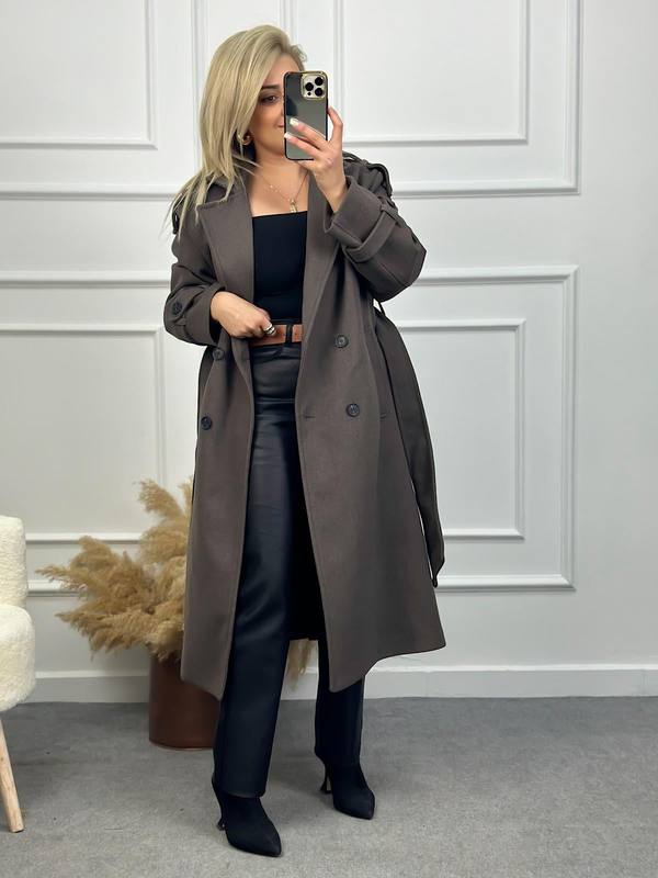 Kuşaklı Premium Kaşe Kaban FÜME-23KDIS000052