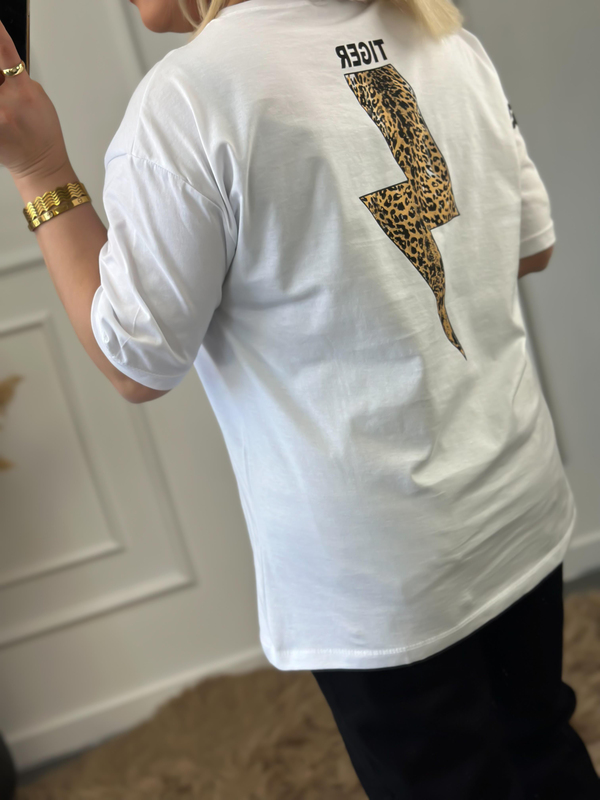 Leopar Basklı Taş İşleme  Biaikilet Yaka Oversize Tshirt BEYAZ-23YUST000018