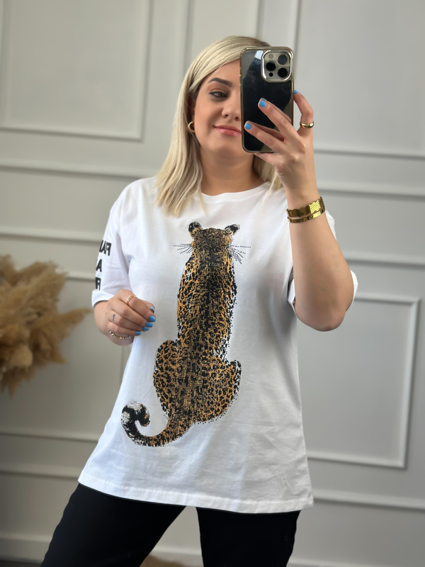 Leopar Basklı Taş İşleme  Biaikilet Yaka Oversize Tshirt BEYAZ-23YUST000018