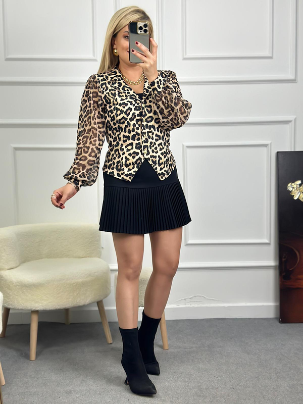 Leopar Desen Ceket Yaka Kolları Şifon Bluz BEJ-23KUST000088