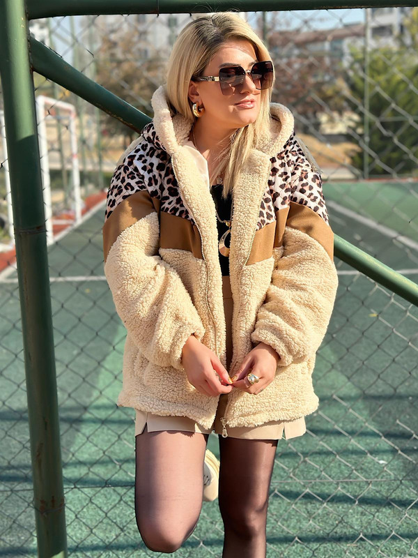 Leopar Detay Garnili Kapüşonlu Peluş Mont CAMEL-23KDIS000049