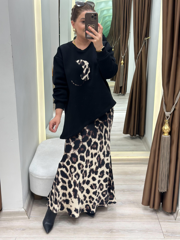 Leopar Detaylı Etekli Sweatshirt 2 Li Takım SİYAH-23KUST000115