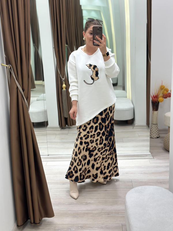Leopar Detaylı Etekli Sweatshirt 2 Li Takım BEYAZ-23KUST000115