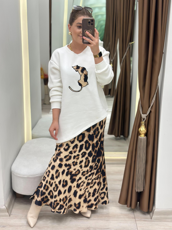 Leopar Detaylı Etekli Sweatshirt 2 Li Takım BEYAZ-23KUST000115