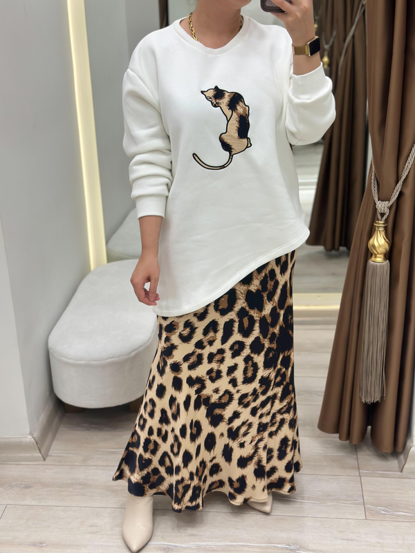 Leopar Detaylı Etekli Sweatshirt 2 Li Takım BEYAZ-23KUST000115