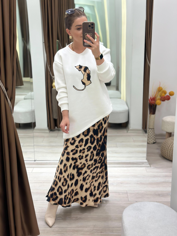 Leopar Detaylı Etekli Sweatshirt 2 Li Takım BEYAZ-23KUST000115