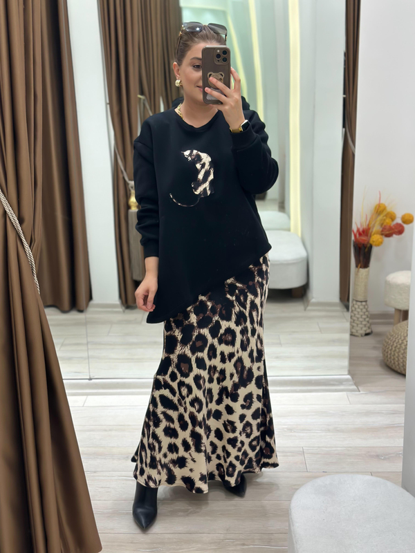 Leopar Detaylı Etekli Sweatshirt 2 Li Takım SİYAH-23KUST000115