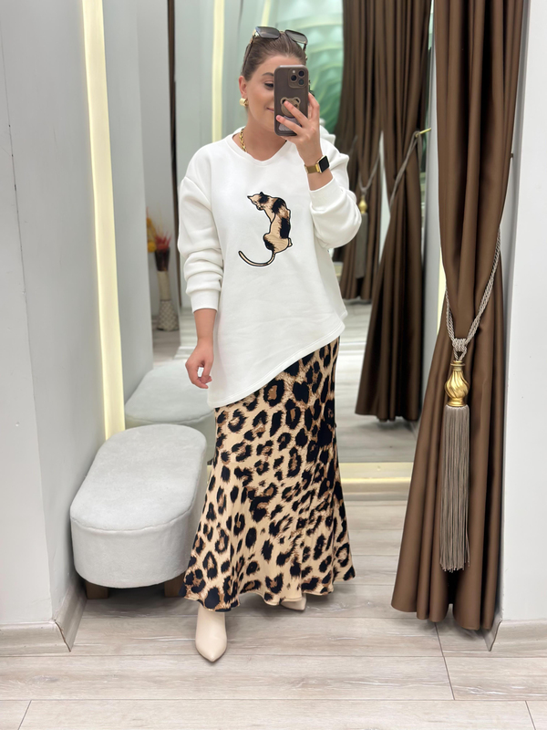 Leopar Detaylı Etekli Sweatshirt 2 Li Takım BEYAZ-23KUST000115