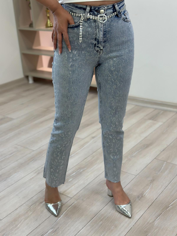 Leopar Taşlı Mom Fit Pantolon BUZ MAVİ-23YALT000070