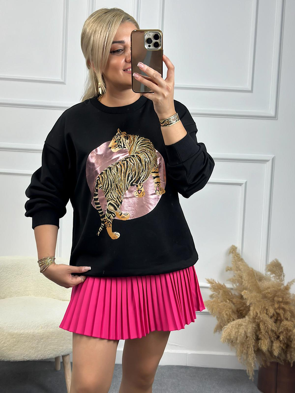 Leopar Varak Baskılı Oversize Sweatshirt SİYAH-23YUST000146