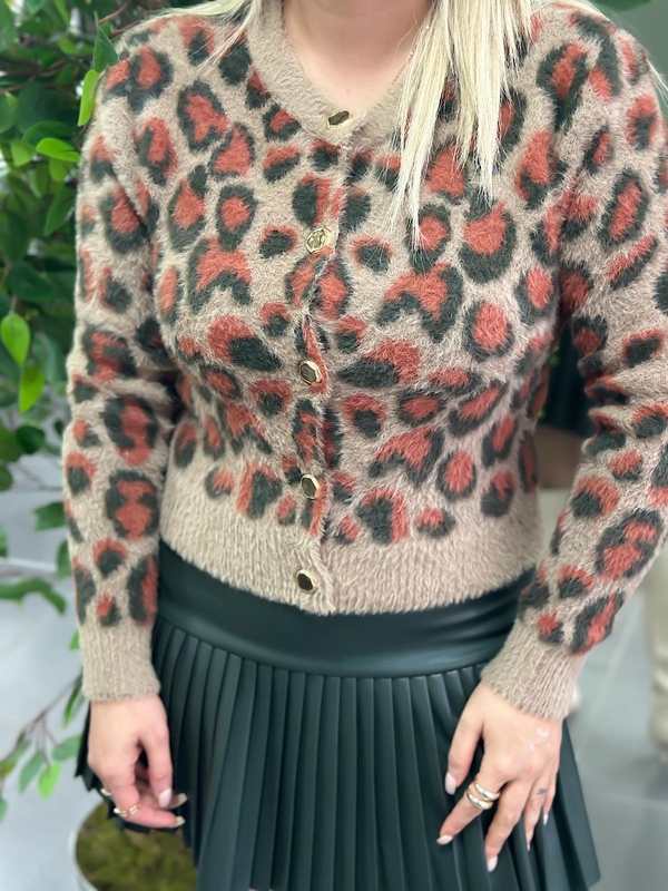 Leopar Yumuşak Dokulu Angora Hırka KAHVE-23KDIS000057