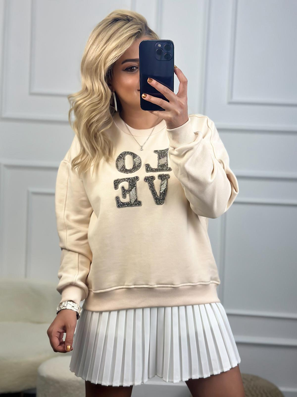 Love Baskılı Taşlı Sweatshirt BEJ-23KUST000083