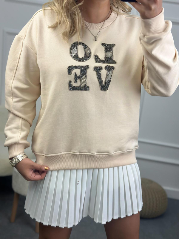 Love Baskılı Taşlı Sweatshirt BEJ-23KUST000083