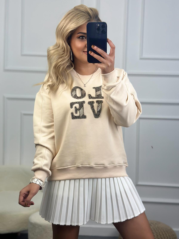 Love Baskılı Taşlı Sweatshirt BEJ-23KUST000083