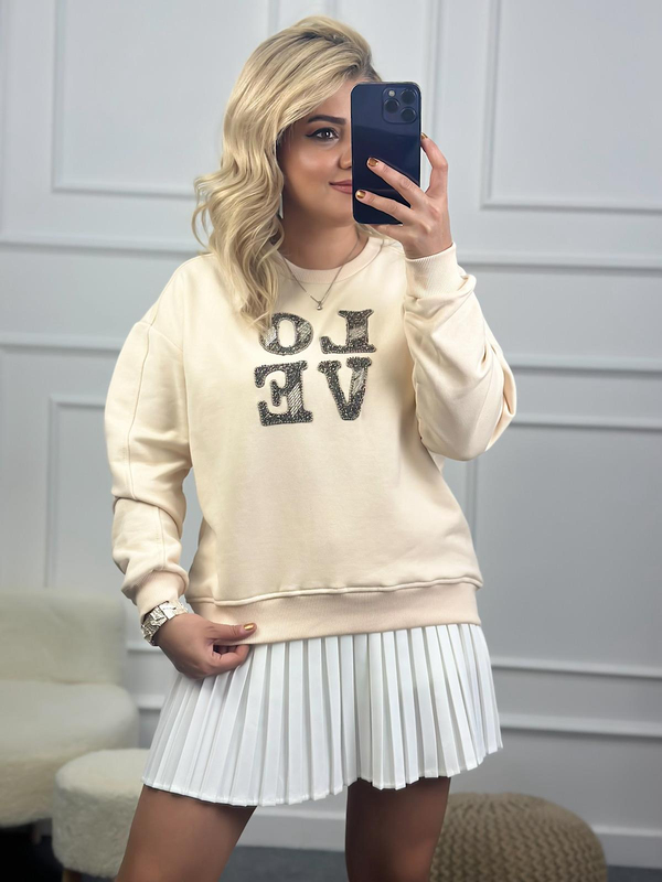 Love Baskılı Taşlı Sweatshirt BEJ-23KUST000083