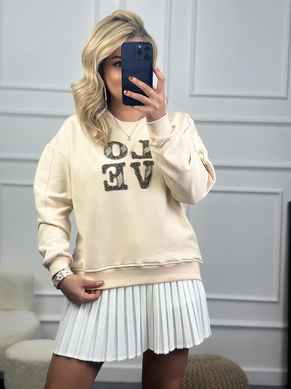 Love Baskılı Taşlı Sweatshirt BEJ-23KUST000083