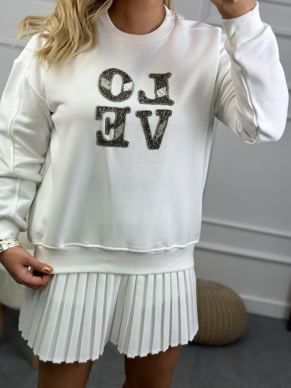 Love Baskılı Taşlı Sweatshirt BEYAZ-23KUST000083