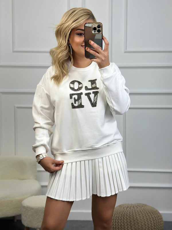 Love Baskılı Taşlı Sweatshirt BEYAZ-23KUST000083