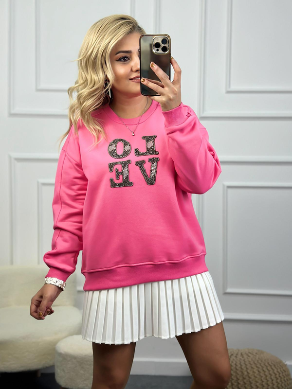 Love Baskılı Taşlı Sweatshirt PEMBE-23KUST000083